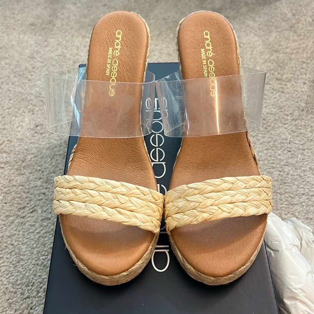 Andre Assous Tan Wedges with Clear Strap